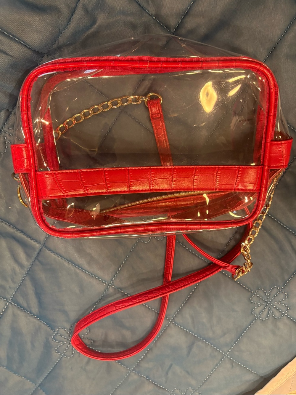 Clear Crossbody Bag with Red Trim and Gold Chain